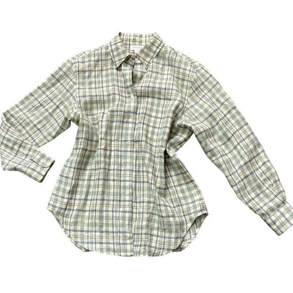 Jones New York Sport S Linen Button Front Top Pale Yellow & Blue Plaid 178D - Picture 1 of 7